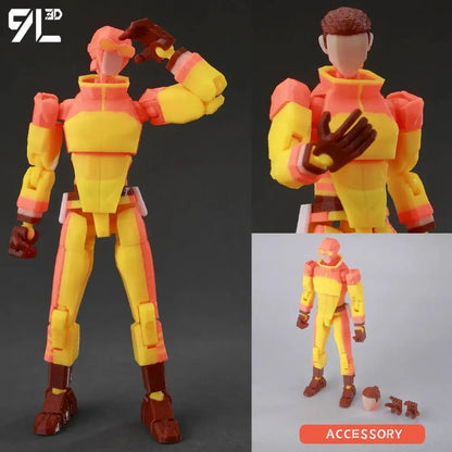 Invincible boy conquer multi-jointed poseable action figure in yellow and orange 3d-printed material with brown gloves boots and helmet