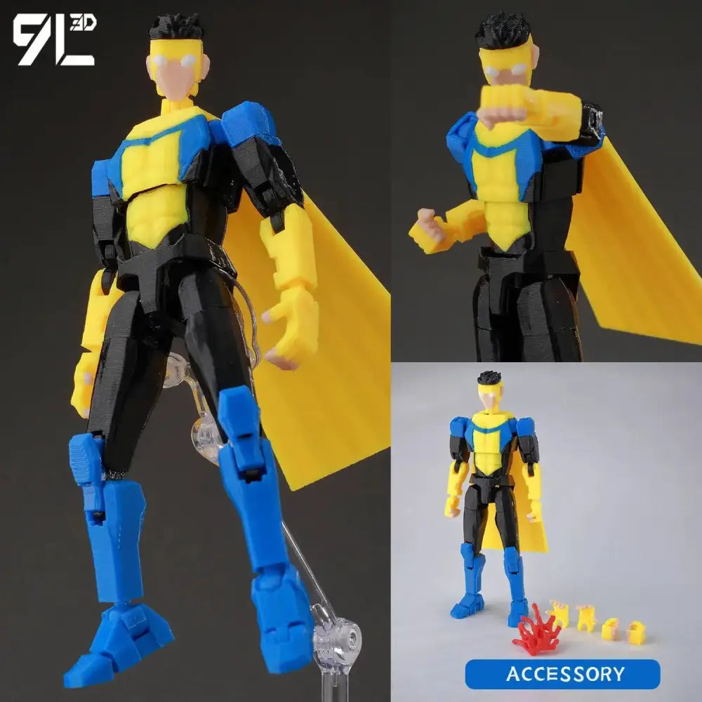 Invincible boy conquer action figure in yellow and blue with black accents featuring a cape and multi-jointed poseable limbs