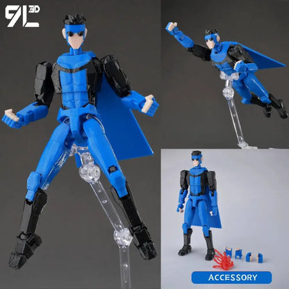Invincible boy conquer multi-jointed poseable action figure in blue and black with cape displayed on clear stands