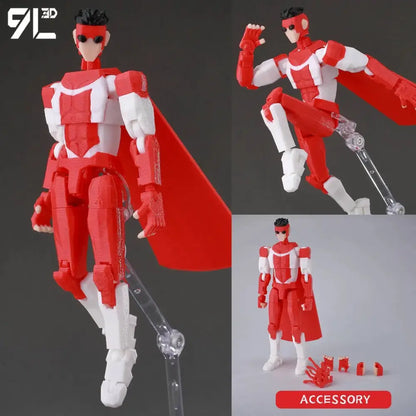 Invincible boy conquer red and white action figure with flowing cape, articulated joints, and clear display stand