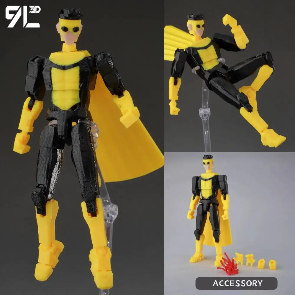Invincible boy conquer black and yellow 3d printed action figure with multi-jointed poseable limbs and interchangeable accessories