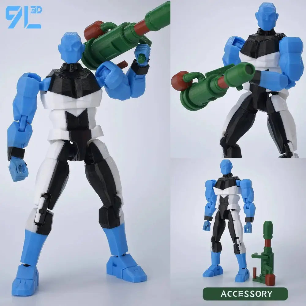 Blue and black multi-jointed invincible boy conquer action figure holding green and red weapon accessory