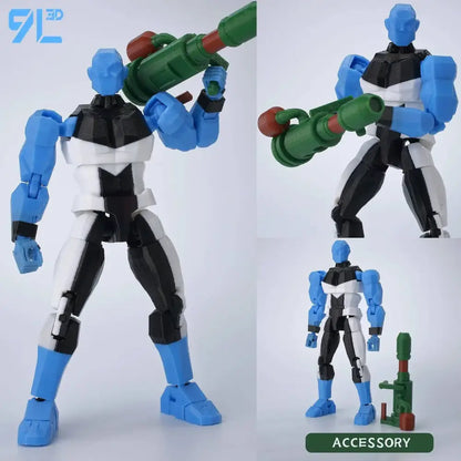 Blue and black multi-jointed invincible boy conquer action figure holding green and red weapon accessory