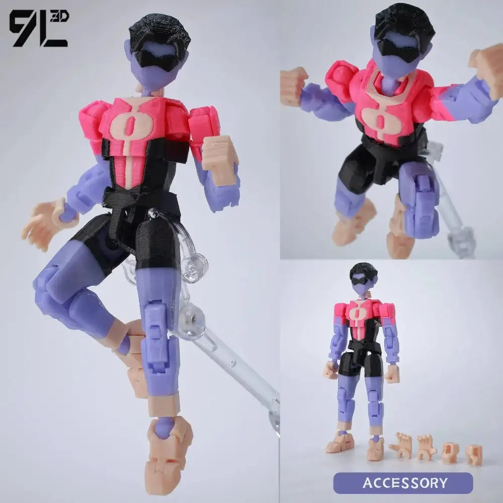 Invincible boy conquer action figure 3d printed with purple face black hair sunglasses and pink chest plate