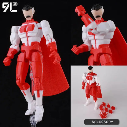 Invincible boy conquer articulated action figure in red and white with cape and molded plastic details for posing