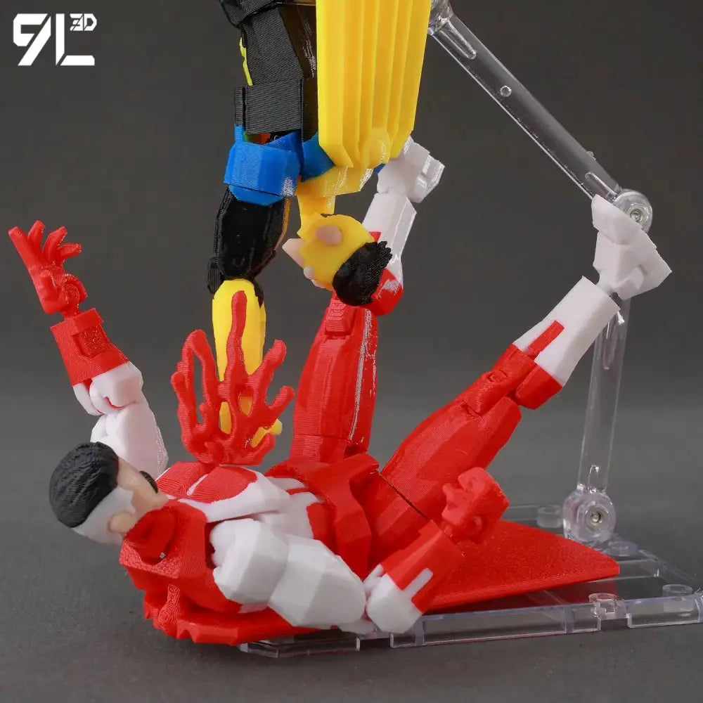 Red and white invincible boy conquer printed action figure with black hair posed mid-fight against yellow and blue opponent