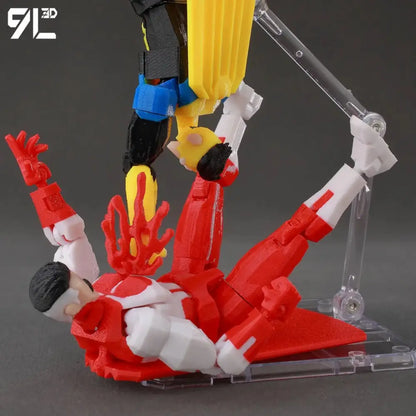 Red and white invincible boy conquer printed action figure with black hair posed mid-fight against yellow and blue opponent