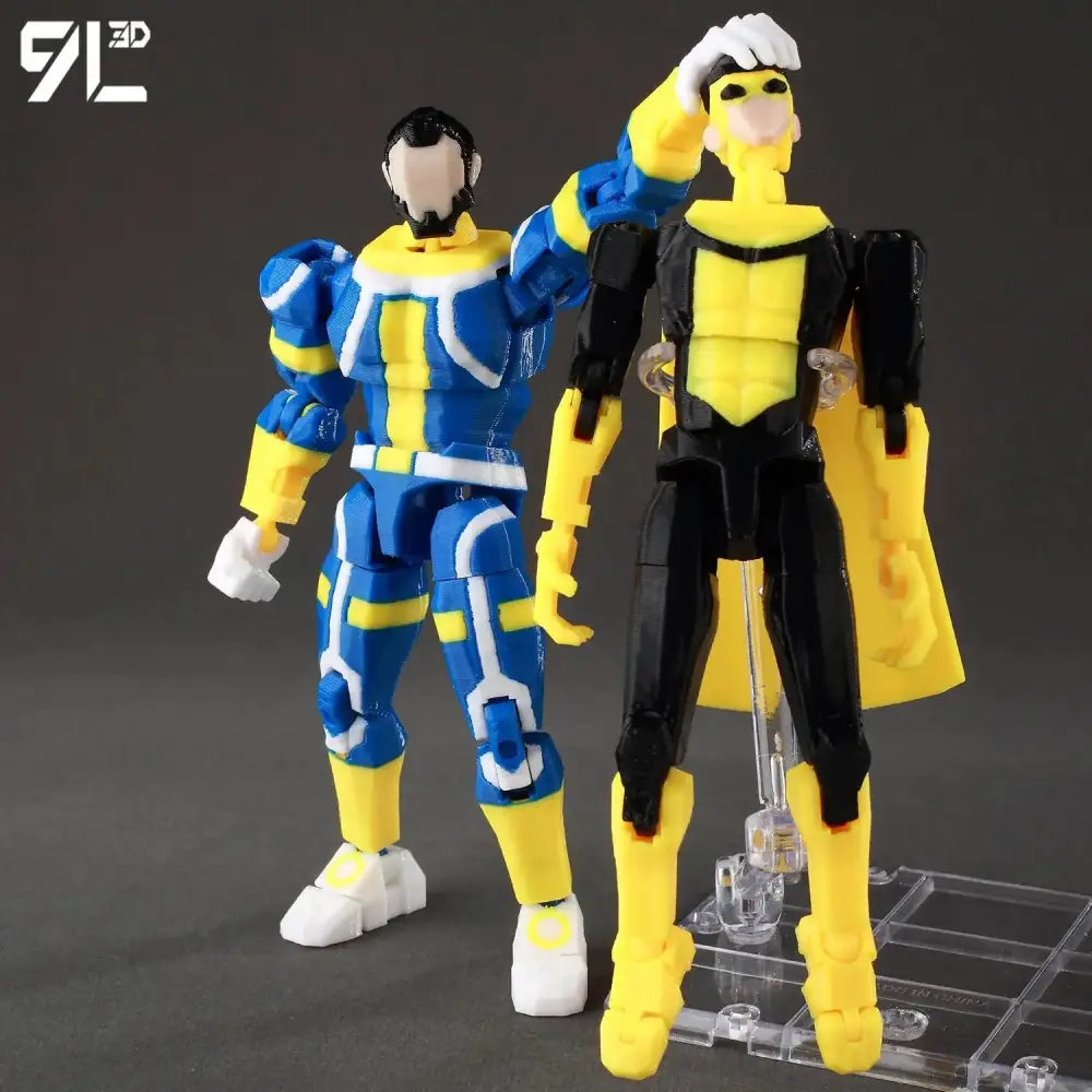 Two multi-jointed poseable invincible boy conquer action figures in blue yellow white and black yellow with cape