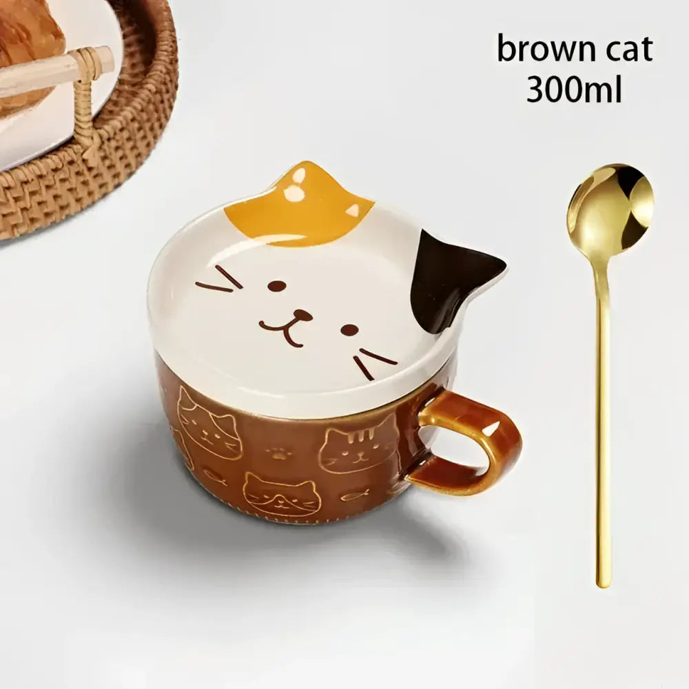 Cute brown and white ceramic japanese cat mug with lid small dish 300ml capacity glossy finish playful face design