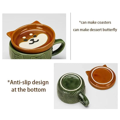 Green ceramic japanese cat mug with brown cat-shaped lid featuring white face design and small dish for serving