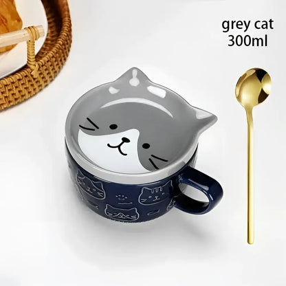 Japanese cat mug with lid small dish grey and white ceramic with navy base featuring smaller cat faces and golden spoon