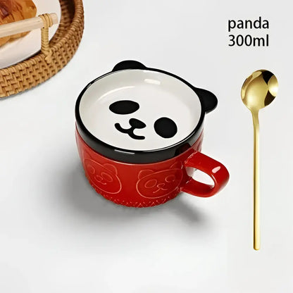 Red ceramic japanese cat mug with black panda face design and embossed pandas with small dish and lid 300ml capacity