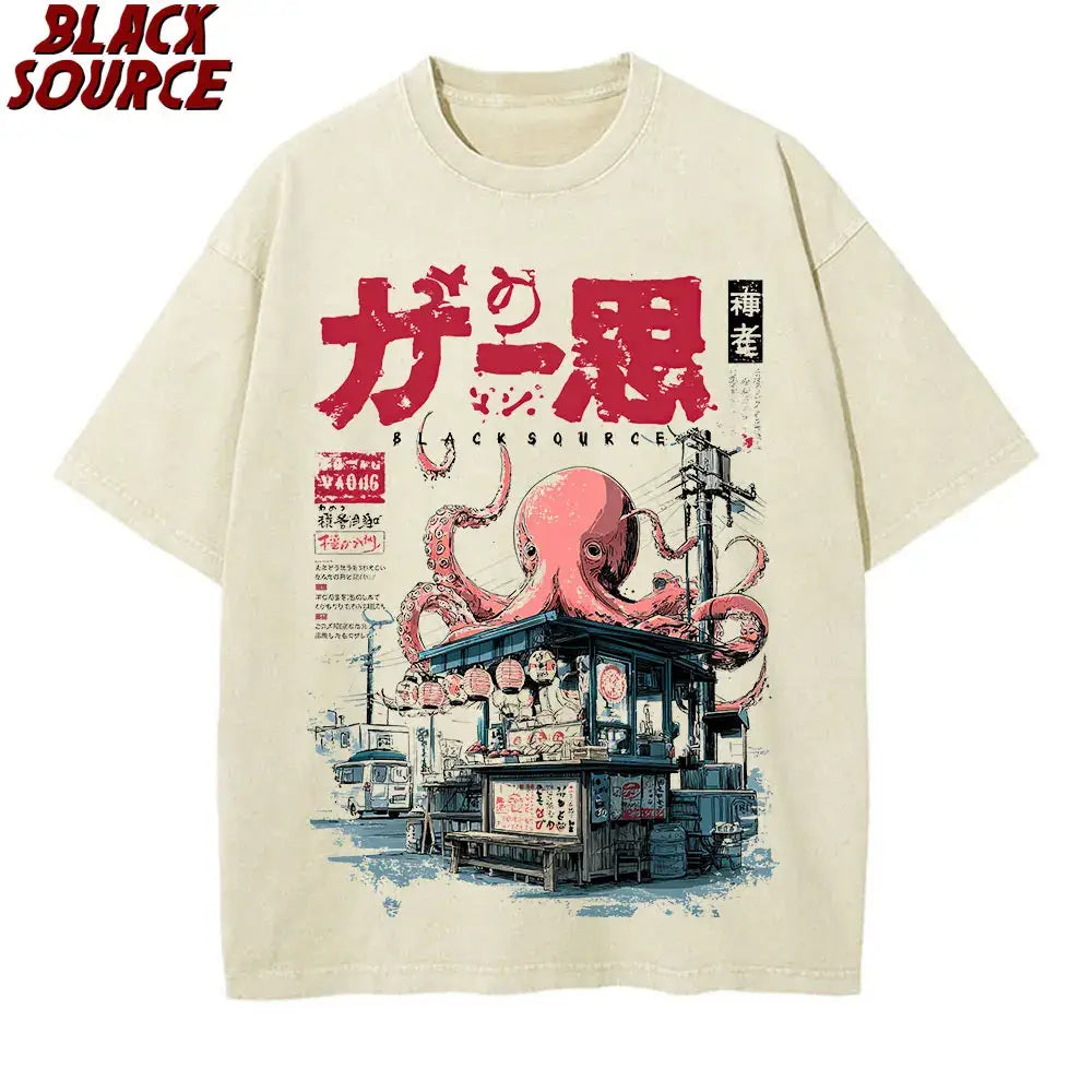 Cream-colored oversized cotton t-shirt with a vibrant red japanese takoyaki graphic over a street food stall scene