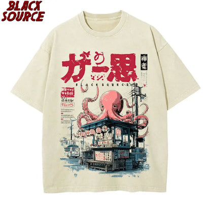 Cream-colored oversized cotton t-shirt with a vibrant red japanese takoyaki graphic over a street food stall scene