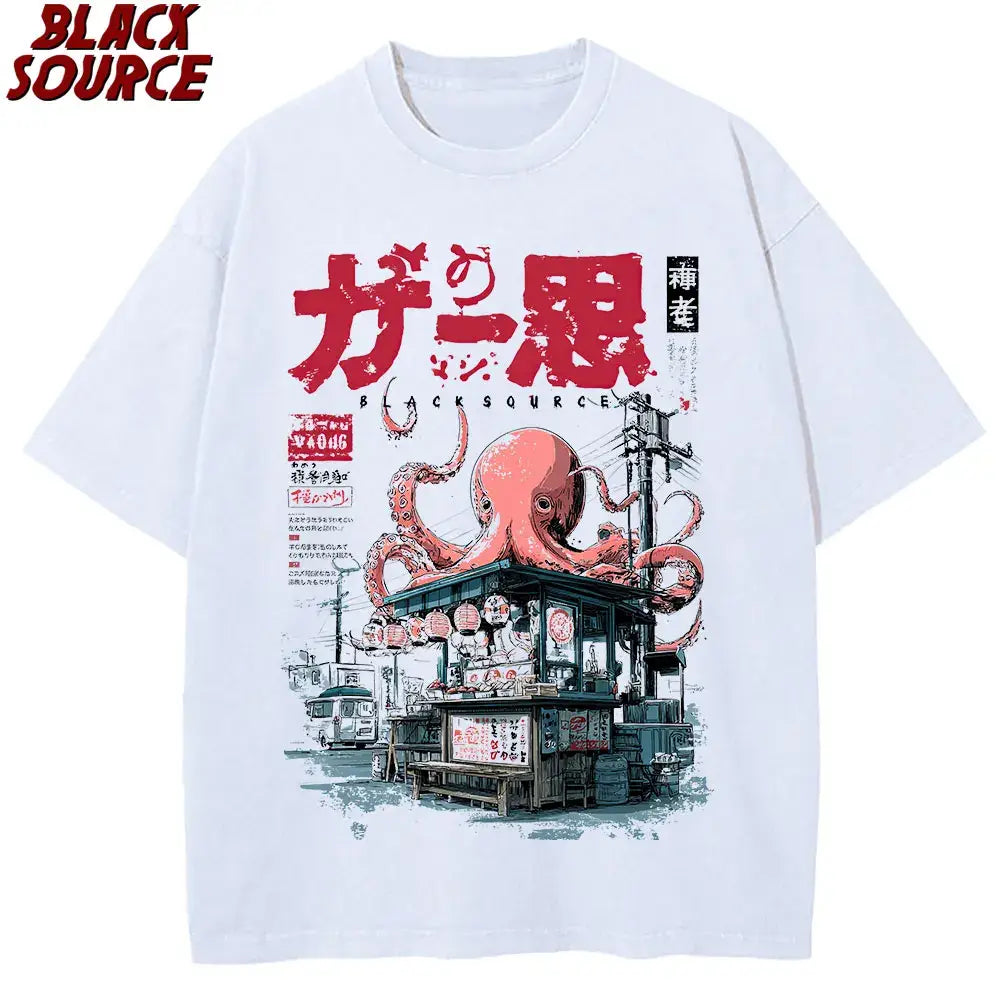 White oversized cotton t-shirt with a vibrant red japanese takoyaki graphic over a street food stall scene
