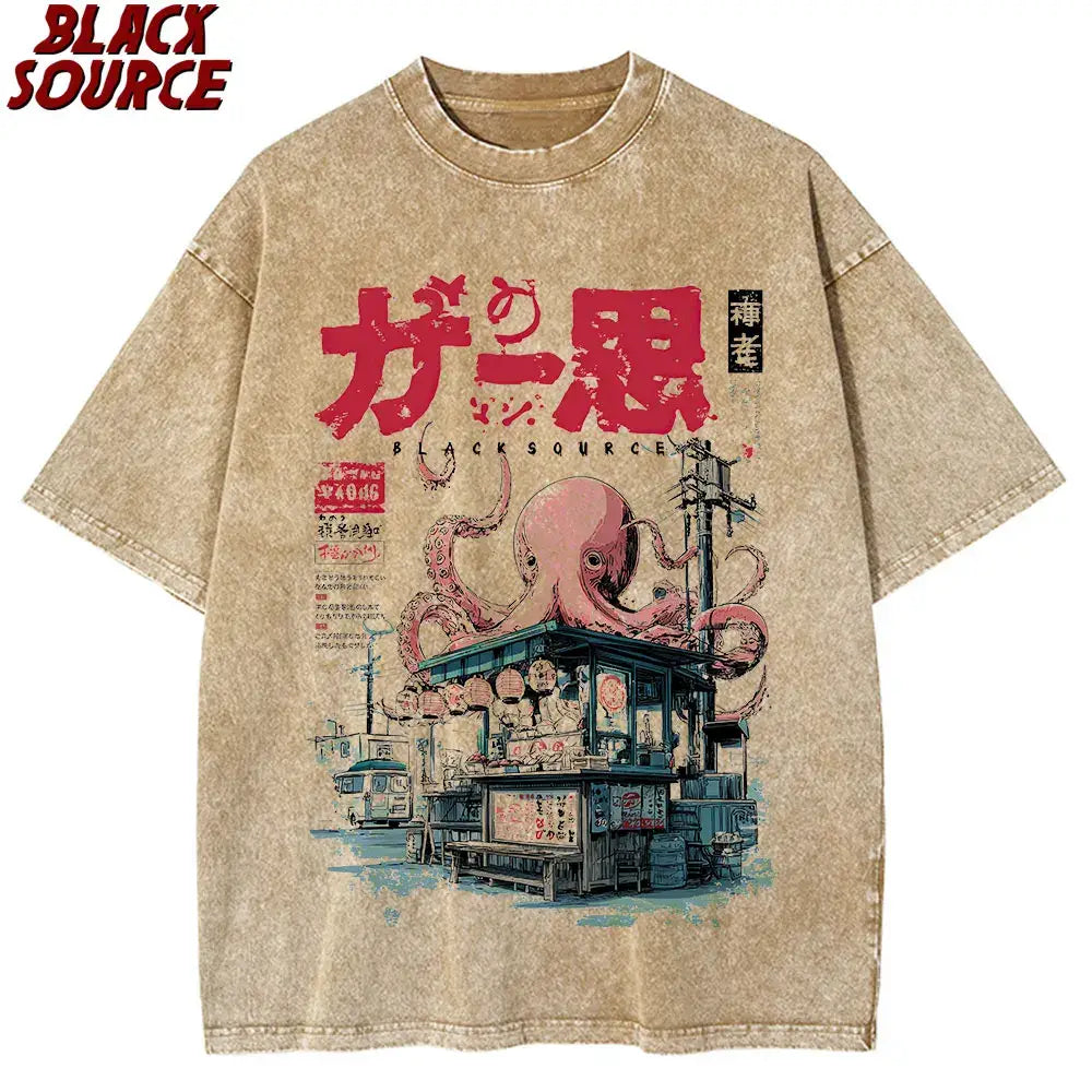 Beige distressed cotton t-shirt featuring a vibrant japanese takoyaki graphic of an octopus and food stall