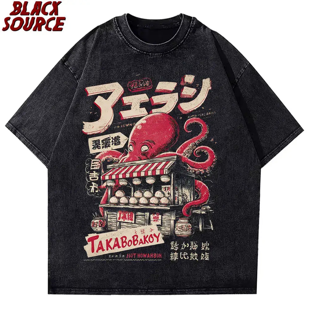 Black distressed cotton t-shirt featuring a vibrant red japanese takoyaki graphic oversized design by takabobakoy