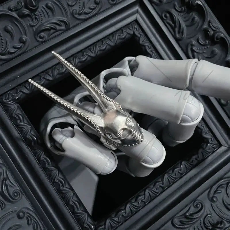 Silver skull ring with intricate details and two long horns adjustable jojo bizarre adventure d4c cosplay accessory