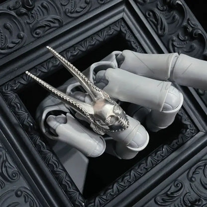 Silver skull ring with intricate details and two long horns adjustable jojo bizarre adventure d4c cosplay accessory