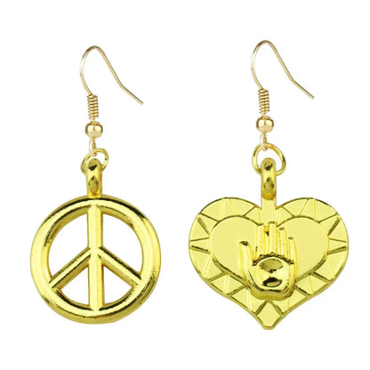 Gold-colored textured metallic peace sign and hand in heart pendant earrings for jojo’s bizarre adventure cosplay jewelry