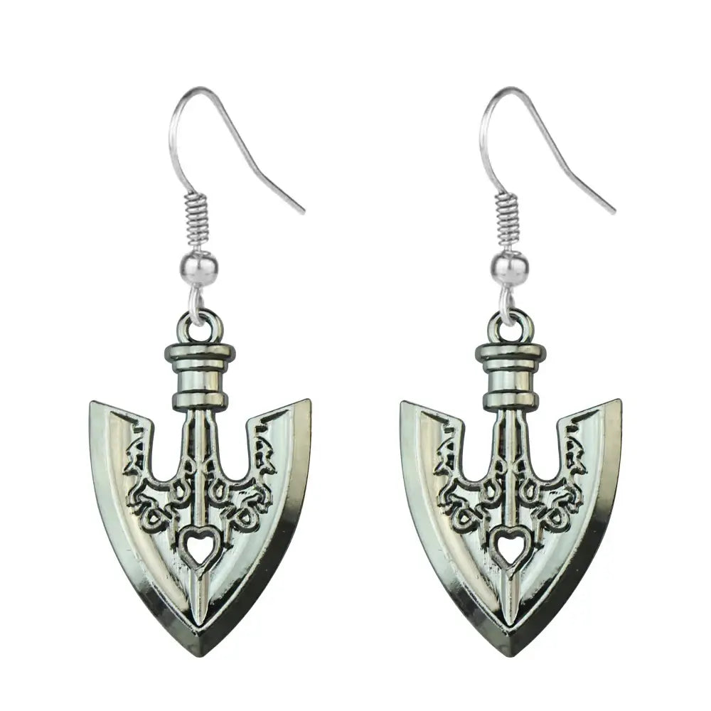 Silver-colored intricately engraved spear-shaped drop earrings with heart motif for jojo’s bizarre adventure cosplay jewelry