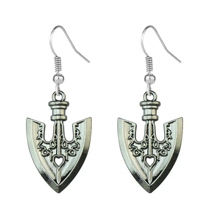 Silver-colored intricately engraved spear-shaped drop earrings with heart motif for jojo’s bizarre adventure cosplay jewelry
