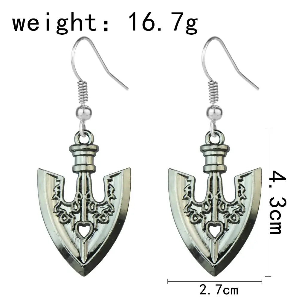 Silver-colored intricately engraved axe-shaped drop earrings with heart motif for jojo’s bizarre adventure cosplay jewelry
