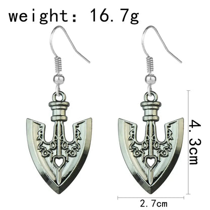 Silver-colored intricately engraved axe-shaped drop earrings with heart motif for jojo’s bizarre adventure cosplay jewelry