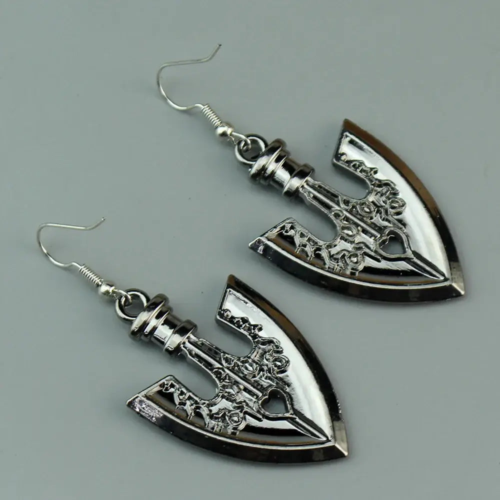 Silver-colored intricately detailed metallic axe-shaped drop earrings with hook clasps for jojo’s bizarre adventure cosplay