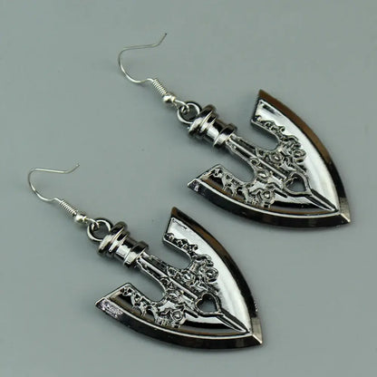 Silver-colored intricately detailed metallic axe-shaped drop earrings with hook clasps for jojo’s bizarre adventure cosplay