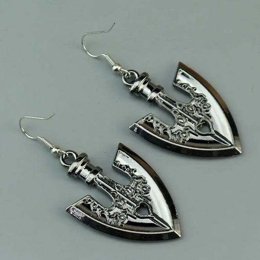 Silver-colored intricately detailed metallic axe-shaped drop earrings with hook clasps for jojo’s bizarre adventure cosplay
