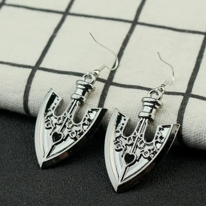 Silver-colored intricately engraved axe-shaped drop earrings with heart motifs for jojo’s bizarre adventure cosplay jewelry