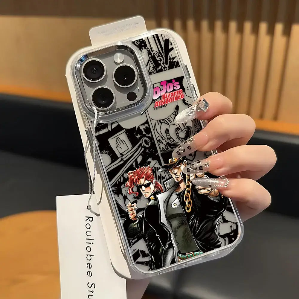 Clear soft cover phone case for iphone 13 pro max featuring black and white jojo’s bizarre adventure artwork with red-haired character
