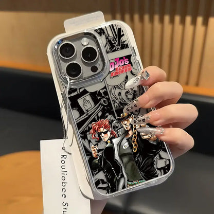 Clear soft cover phone case for iphone 13 pro max featuring black and white jojo’s bizarre adventure artwork with red-haired character