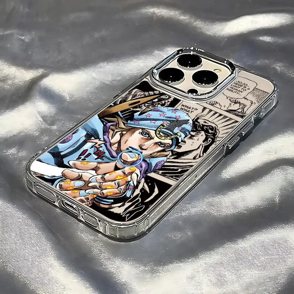 Clear soft cover phone case featuring jotaro kujo from jojo’s bizarre adventure in vibrant blue and purple design