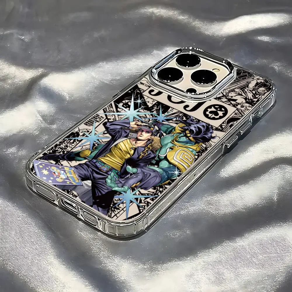 Clear soft cover phone case featuring vibrant jojo’s bizarre adventure anime art with bold comic style background