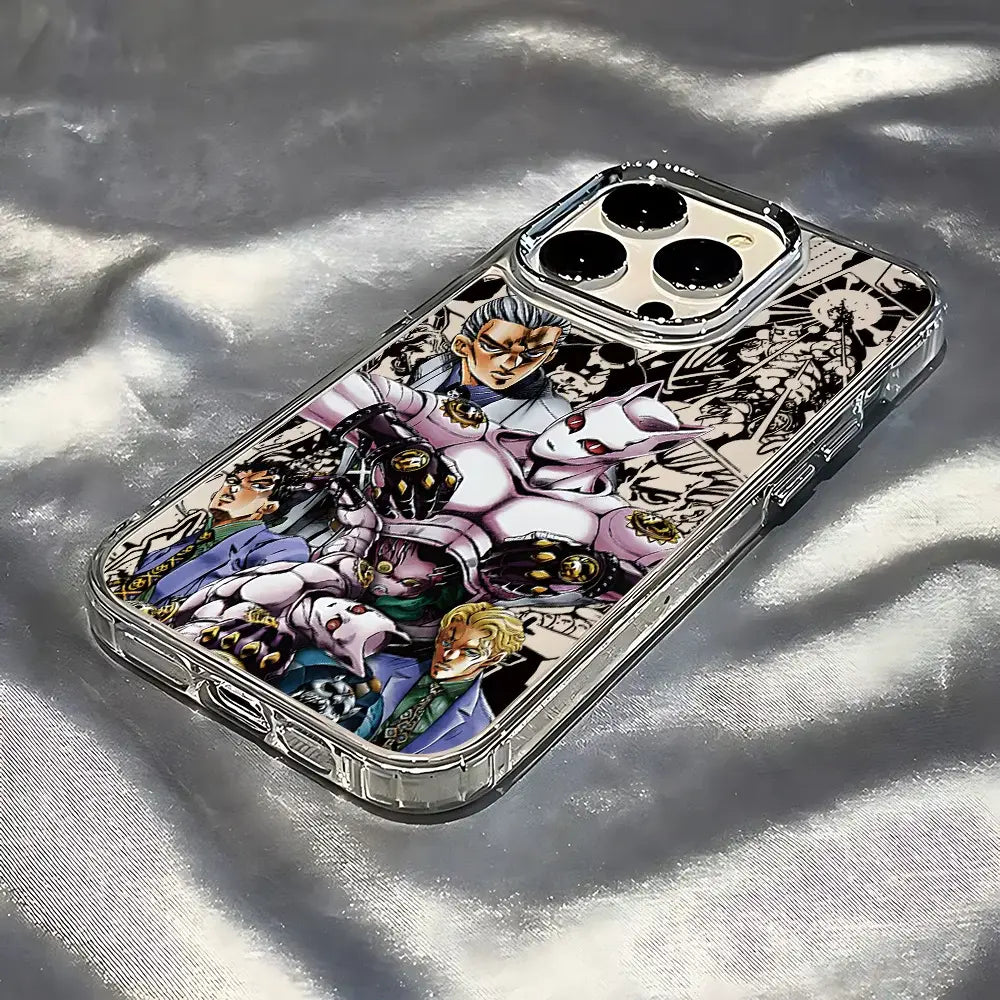 Clear soft cover phone case with vibrant jojo’s bizarre adventure characters in colorful dynamic poses on the back side
