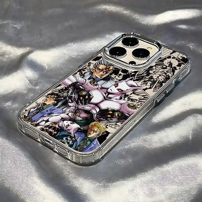 Clear soft cover phone case with vibrant jojo’s bizarre adventure characters in colorful dynamic poses on the back side