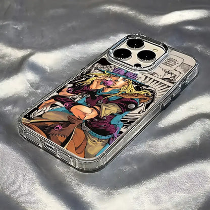 Clear soft cover phone case featuring a vibrant blonde character in purple and teal from jojo’s bizarre adventure
