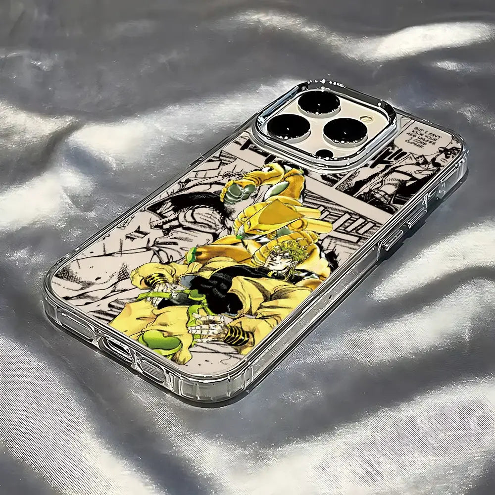 Clear soft cover phone case with vibrant yellow green jotaro anime design and black and white bizarre adventure panels