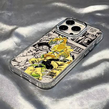 Clear soft cover phone case with vibrant yellow green jotaro anime design and black and white bizarre adventure panels
