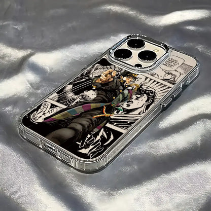 Clear soft cover phone case with black and white jojo’s bizarre adventure illustration and colorful outfit accents