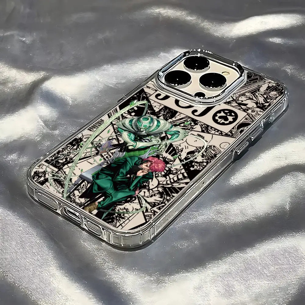 Clear soft cover iphone 13 pro max phone case featuring vibrant green anime character with pink hair bizarre adventure design