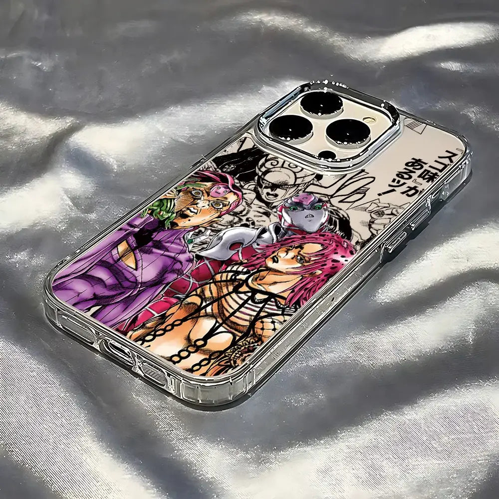 Back side of jojo’s bizarre adventure jotaro clear soft cover phone case with vibrant purple pink anime characters and bold outlines