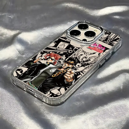 Clear soft cover phone case featuring black and white jojo’s bizarre adventure anime illustration with red and pink text accents