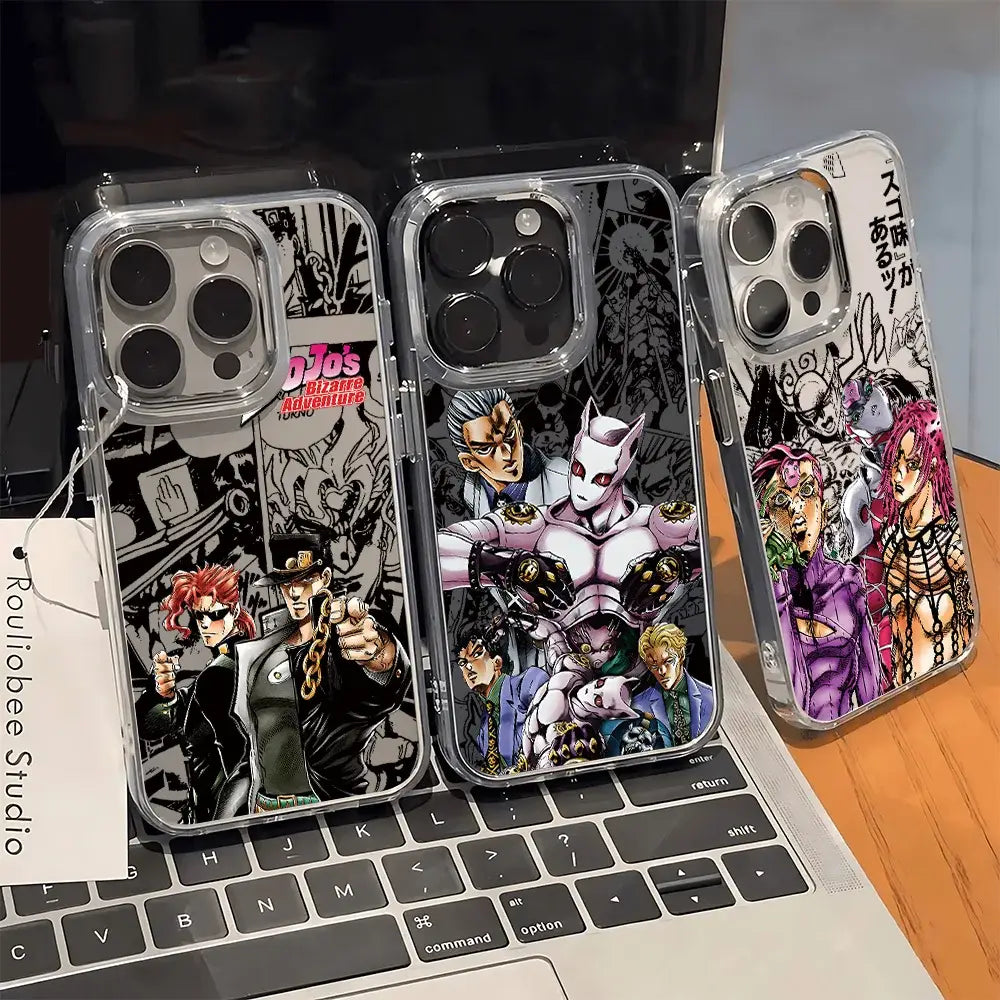 Three transparent clear soft cover phone cases with vibrant jojo’s bizarre adventure anime art designs on the back side