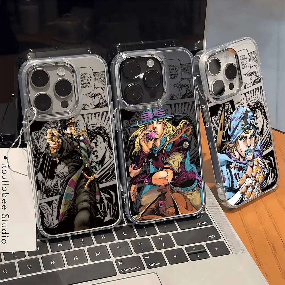 Three clear soft cover phone cases with vibrant jojo’s bizarre adventure anime illustrations and bold comic designs