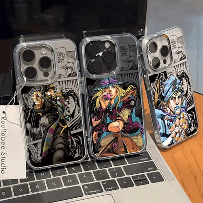 Three clear soft cover phone cases with vibrant jojo’s bizarre adventure anime illustrations and bold comic designs