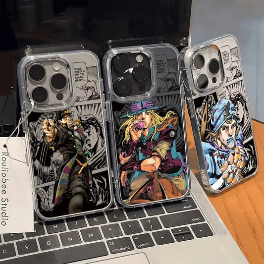 Three clear soft cover phone cases with vibrant jojo’s bizarre adventure anime illustrations and bold comic designs