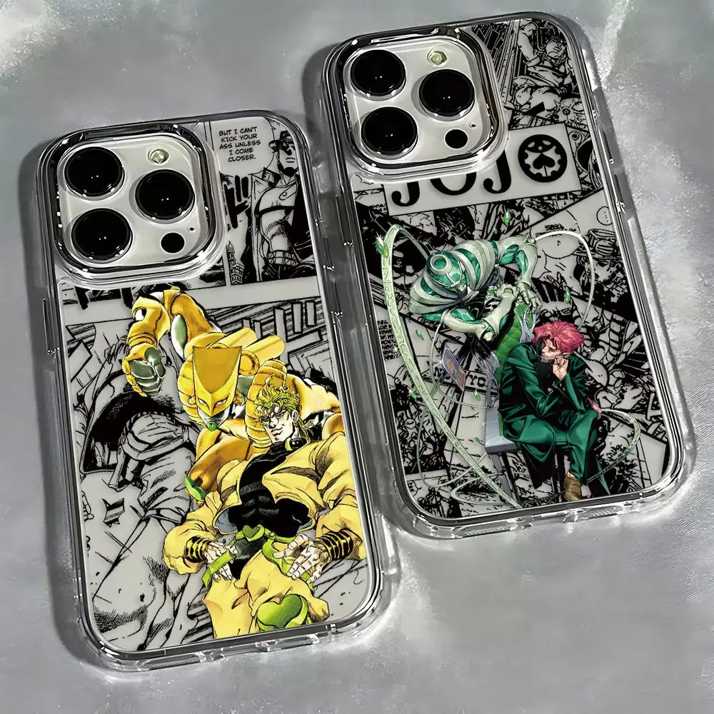 Two clear soft cover jojo’s bizarre adventure phone cases featuring yellow green and pink-haired characters with comic art back